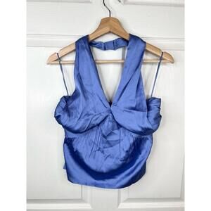 French Connection Blue Satin Halter Top Womens Size XS Smocked back